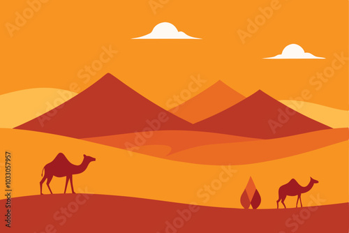 Panoramic view of the desert and camels. vector Illustrated in flat style