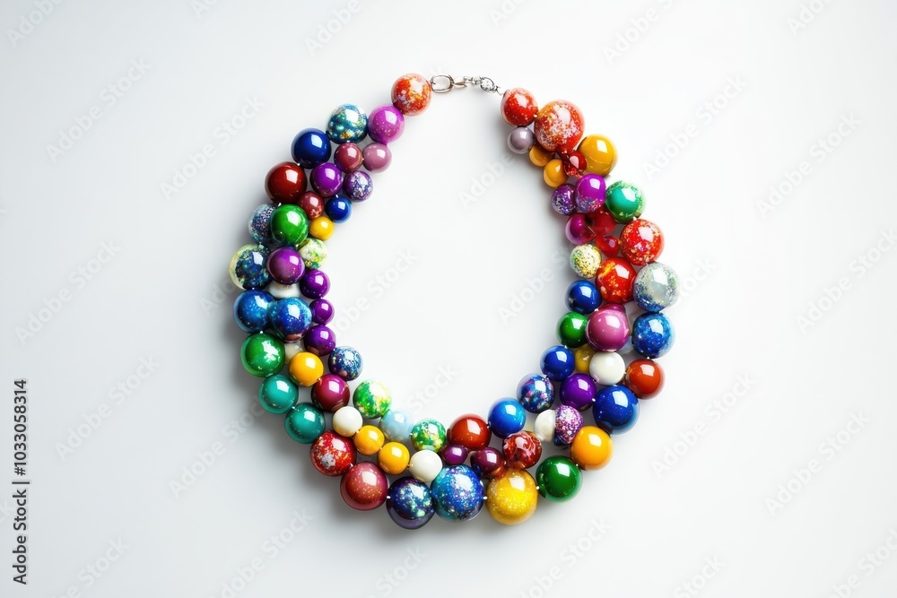 Vibrant multicolored beaded necklace with a variety of shiny, reflective beads, perfect for adding a pop of color to any outfit. Vibrant multicolored beaded necklace with a variety of shiny, reflective beads, perfect for adding a pop of color to any outfit.
