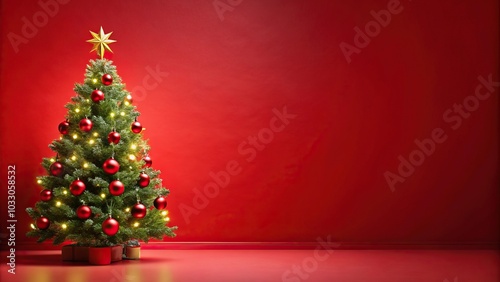 festive red Christmas background with decorated Christmas tree