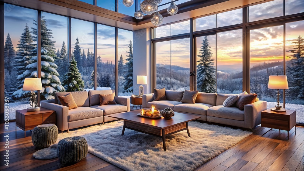 Cozy Modern Living Room with Winter Landscape - Aerial Photography of Soft Furniture and Large Windows