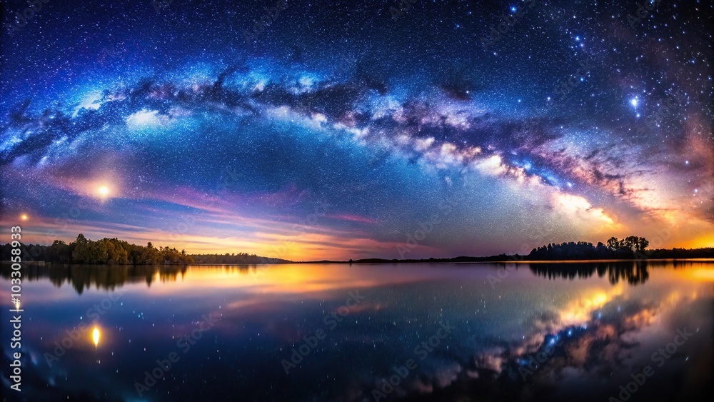 Tilted angle night sky over water panorama with clouds and stars