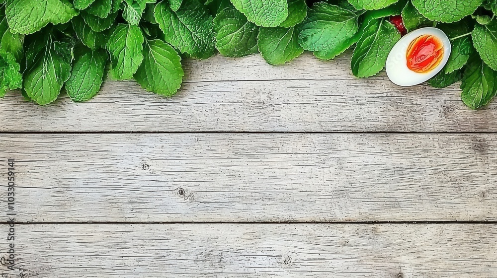 Fototapeta premium Closeup of Fresh Green Mint Leaves on Weathered Wooden Background