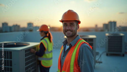 Two HVAC workers, engineer in hard hats and reflective vests stand by air conditioning units on a rooftop. One smiles at the camera, and the other focuses on the equipment. photo