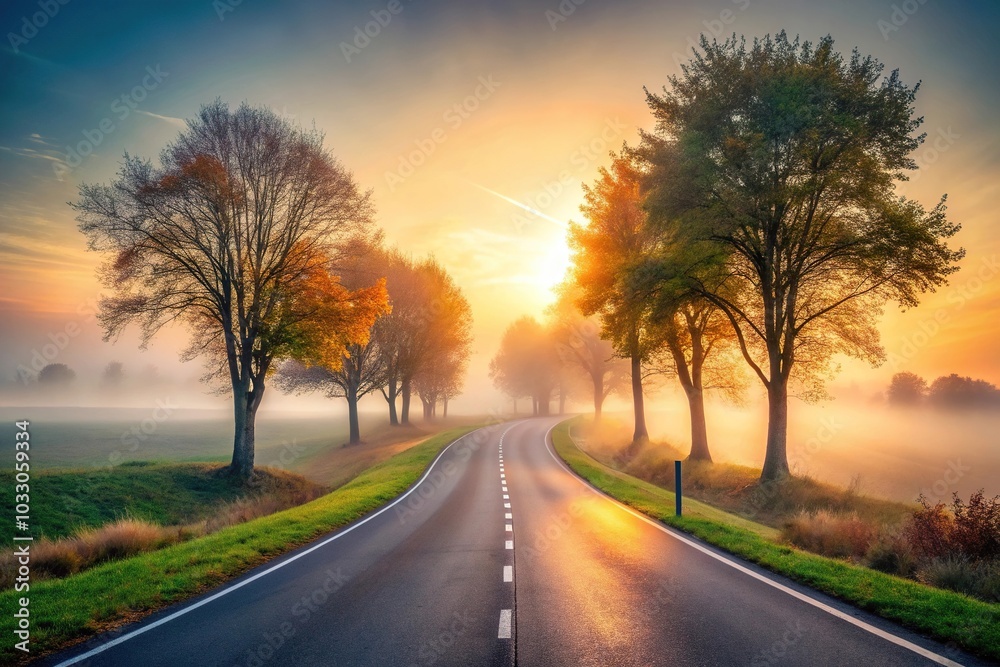 Foggy autumn landscape with a symmetrical bend in the road during morning light Foggy autumn landscape with a symmetrical bend in the road during morning light
