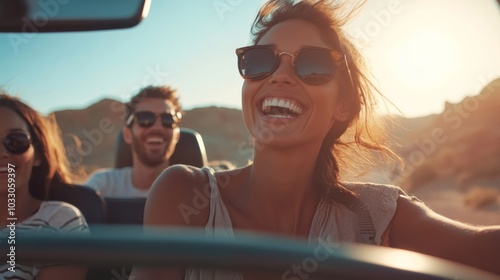 A group of friends on a road trip, driving through scenic landscapes, laughing and enjoying the journey as they explore new places