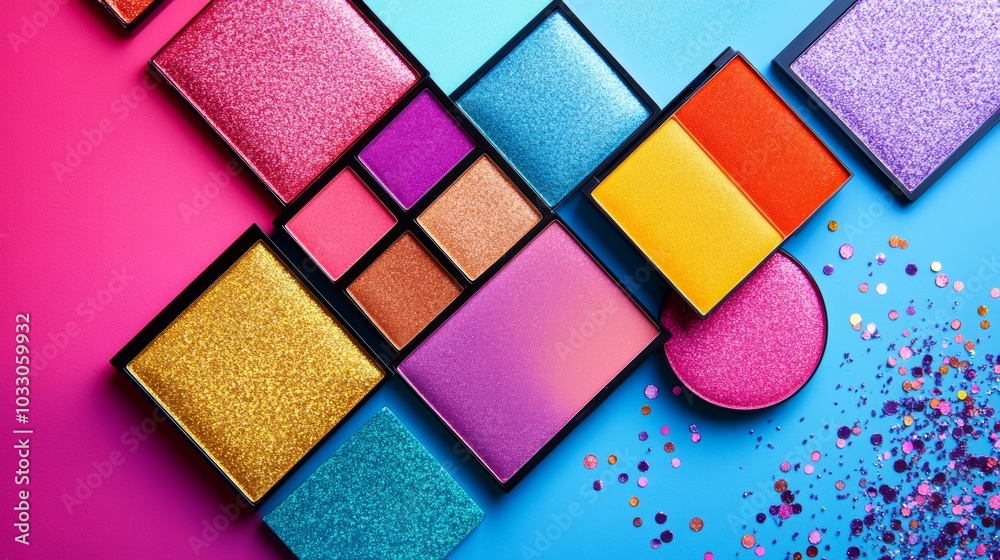 Fototapeta premium Bright and colorful makeup palettes displayed in a flat lay arrangement showcasing shimmer and glitter options