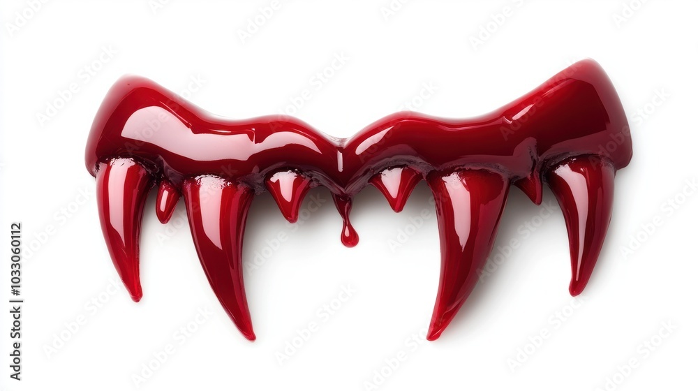 Vampire fangs with blood dripping effect, classic Halloween costume accessory, isolated on white background Vampire fangs with blood dripping effect, classic Halloween costume accessory, isolated on white background