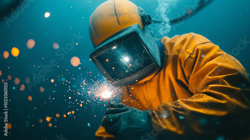 A diver in an orange wetsuit performing underwater welding, surrounded by bubbles and sparks in a serene blue environment.