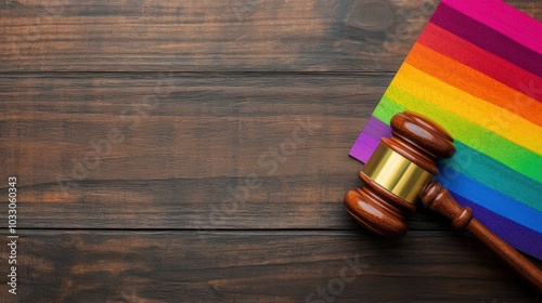 A wooden gavel and a rainbow flag on a dark wood table, symbolizing the intersection of law and LGBTQ, with copy spcae photo