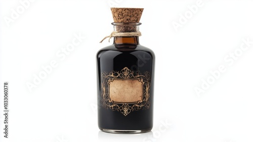 Witch potion bottle with a cork stopper, eerie label, perfect for Halloween decor, isolated on white background