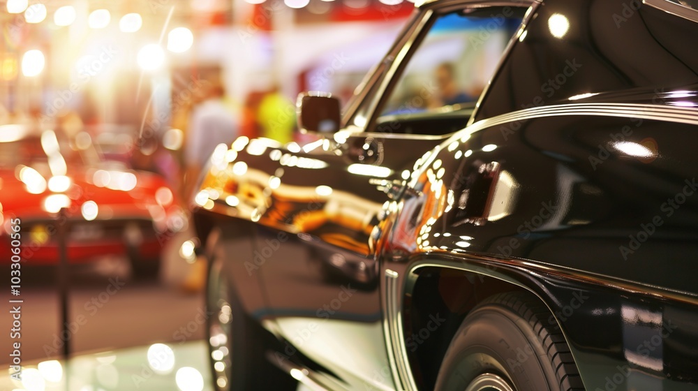 A sleek black car displayed on a raised platform at a car auction, surrounded by a crowd of potential buyers holding auction paddles. bidding, luxury cars, high-end, nervous, exciting,Auctioneer A sleek black car displayed on a raised platform at a car auction, surrounded by a crowd of potential buyers holding auction paddles. bidding, luxury cars, high-end, nervous, exciting,Auctioneer