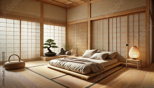 a Japanese Zen-inspired bedroom with a low futon bed, bamboo flooring, and shoji screen doors. Generative AI photo