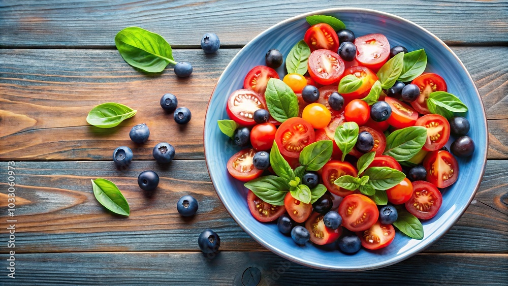 Fresh and colorful summer salad with tomato, blueberries, and basil Fresh and colorful summer salad with tomato, blueberries, and basil
