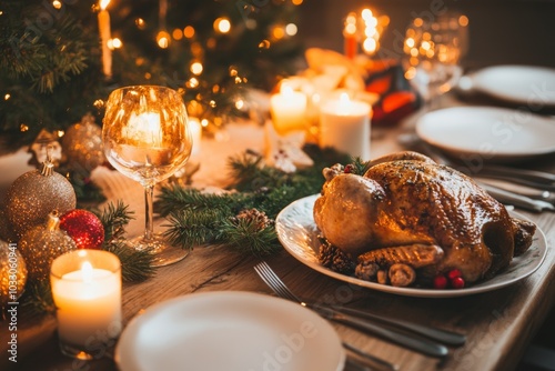 A warm and inviting Christmas dinner table featuring roasted turkey and festive decorations for a traditional holiday celebration