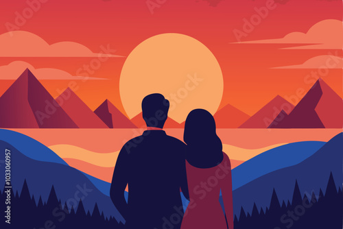 love watching sunrise couple vector illustration