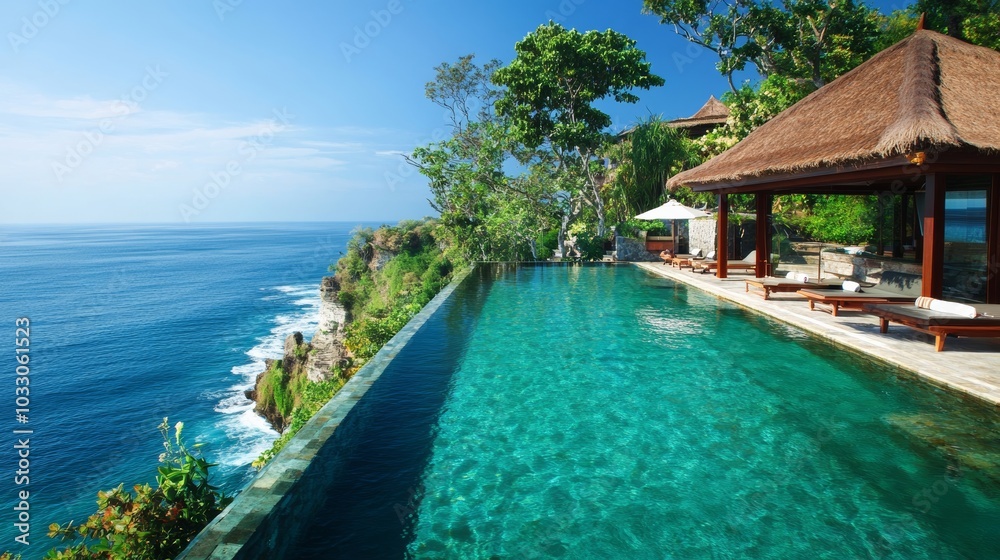 A luxury travel experience at a tropical beach resort, with a private villa overlooking the ocean and a spa offering relaxation treatments A luxury travel experience at a tropical beach resort, with a private villa overlooking the ocean and a spa offering relaxation treatments