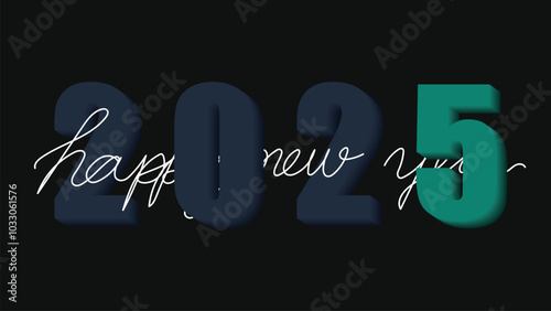Happy New Year 2025 graphic with dark blue  paired with an elegant cursive 'happy new year' on a black background. Ideal for festive designs and New Year’s greetings. 