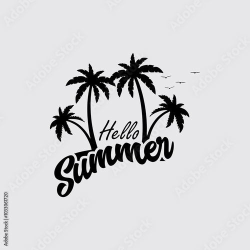 Hello Summer Graphic With Palm Trees and Birds