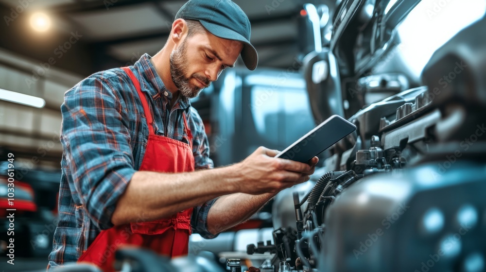 A mechanic working on a diesel truck engine, using a tablet for real-time diagnostics and troubleshooting in a modern repair shop A mechanic working on a diesel truck engine, using a tablet for real-time diagnostics and troubleshooting in a modern repair shop