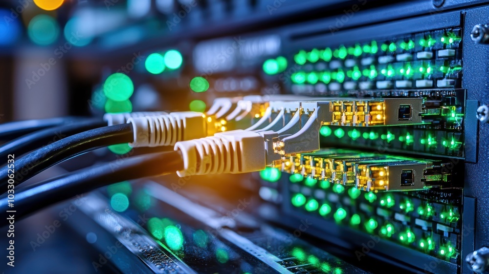 Networking Switch with Active Connections: High-Resolution Image of Ethernet Cables and Green LED Lights Networking Switch with Active Connections: High-Resolution Image of Ethernet Cables and Green LED Lights