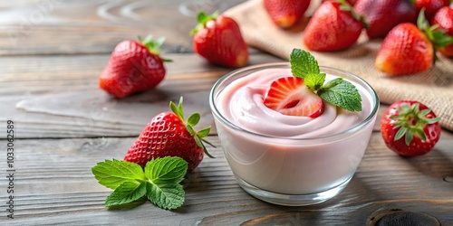 High angle shot of strawberry cream with yogurt or milk including clipping path