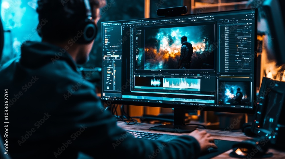 A movie editor applying special effects to video footage, with focus on the software's interface and tools A movie editor applying special effects to video footage, with focus on the software's interface and tools