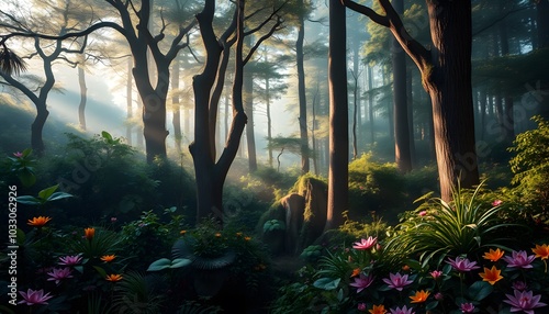 Forest Wallpaper, High Fantasy, Abundant Flora, Studio Lighting, Highly Detailed, Stunning, Dramatic, Breathtaking, Masterpiece, Professional Photography, AI Generated