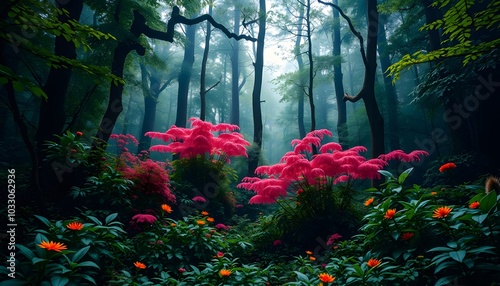 Forest Wallpaper, High Fantasy, Abundant Flora, Studio Lighting, Highly Detailed, Stunning, Dramatic, Breathtaking, Masterpiece, Professional Photography, AI Generated