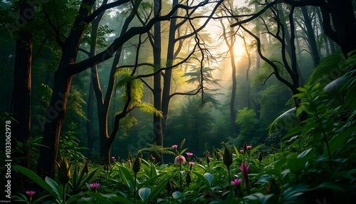 Forest Wallpaper, High Fantasy, Abundant Flora, Studio Lighting, Highly Detailed, Stunning, Dramatic, Breathtaking, Masterpiece, Professional Photography, AI Generated