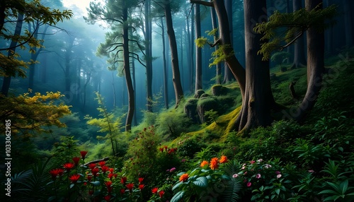 Forest Wallpaper, High Fantasy, Abundant Flora, Studio Lighting, Highly Detailed, Stunning, Dramatic, Breathtaking, Masterpiece, Professional Photography, AI Generated