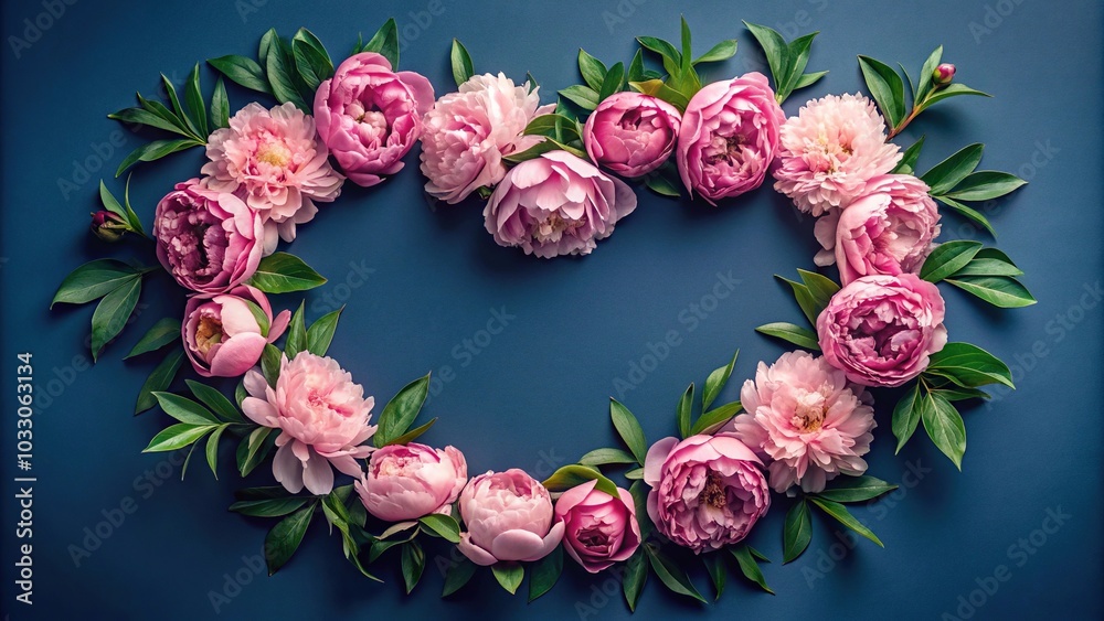 Heart shaped peony flower frame on navy blue background