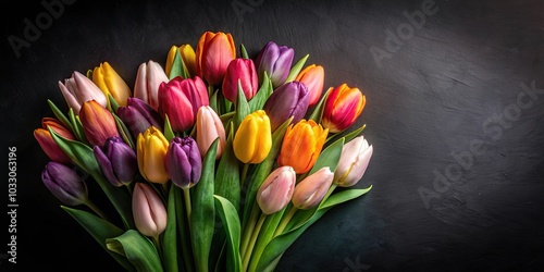 High angle view of vibrant tulip bouquet on dark background