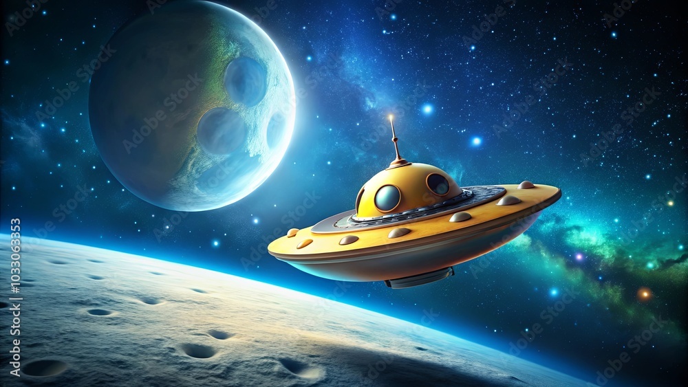 A bright yellow spaceship glides past a celestial body, its journey illuminated by the twinkling stars of the cosmic expanse. A bright yellow spaceship glides past a celestial body, its journey illuminated by the twinkling stars of the cosmic expanse.