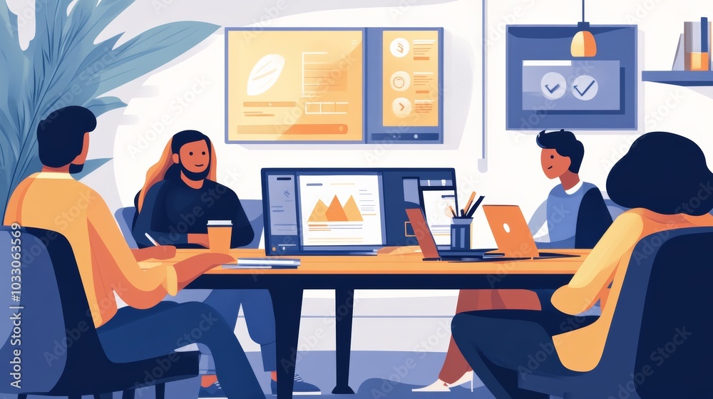 A remote team managing digital marketing projects, discussing UX/UI trends and website templates in a collaborative online environment A remote team managing digital marketing projects, discussing UX/UI trends and website templates in a collaborative online environment