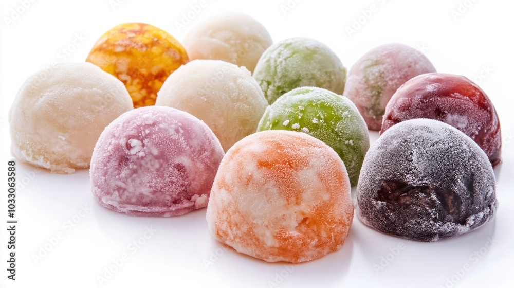 Japanese mochi ice cream in various flavors, neatly arranged on white background, cold and creamy Japanese mochi ice cream in various flavors, neatly arranged on white background, cold and creamy