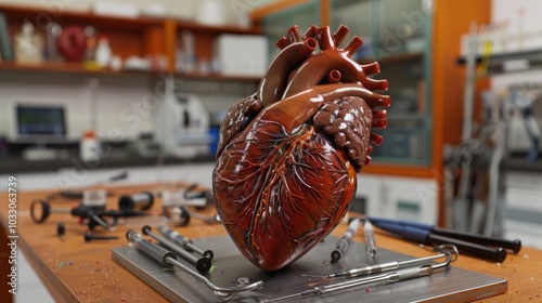 Realistic model of a human heart, on a lab table with medical instruments --no text and people, human --chaos 10 --ar 16:9 Job ID: e77e724b-4a0a-48a3-8bbe-9893c5837074