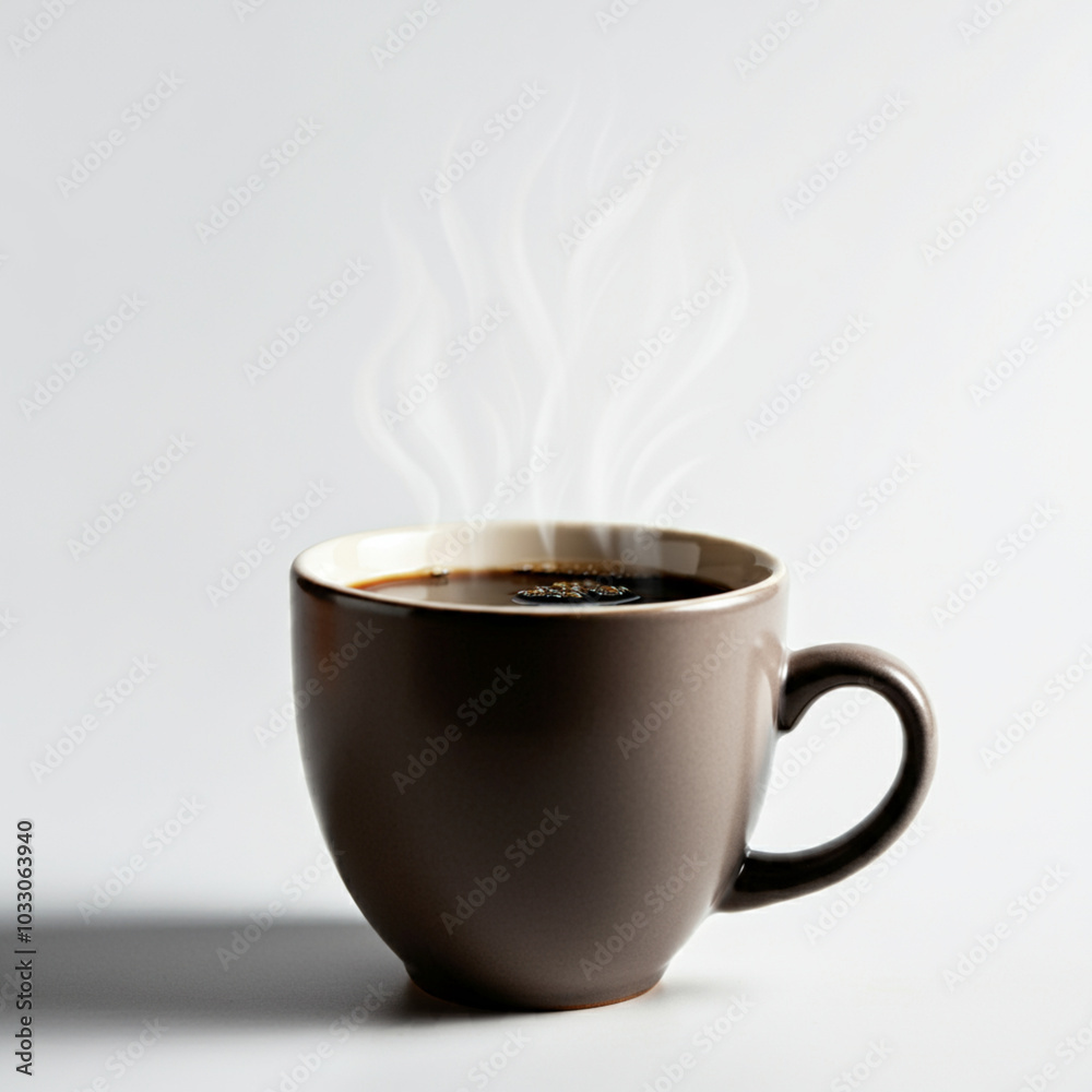 A simple ceramic cup filled with freshly brewed coffee, sitting on a bright white surface A simple ceramic cup filled with freshly brewed coffee, sitting on a bright white surface