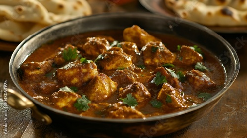 A rich and flavorful Indian curry, paired with fresh naan and garnished with coriander, photographed in a rustic setting