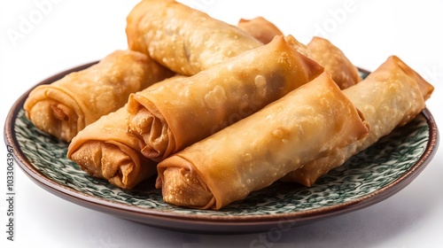 Fried Chinese Traditional Spring rolls food in ceramic plate (beautiful shape) on white background. 