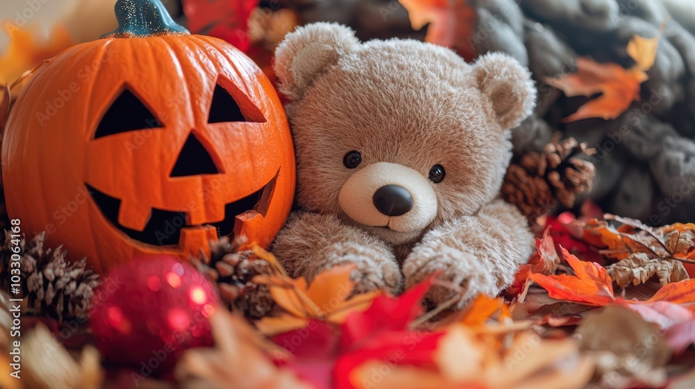 Fototapeta premium A cute kawaii baby bear lying on a pumpkin surrounded by Halloween decorations