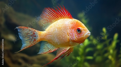 A captivating portrait of a Flowerhorn fish showcasing its vibrant orange and red hues, particularly its striking fins. This fish is known for its unique beauty and captivating personality, making it 