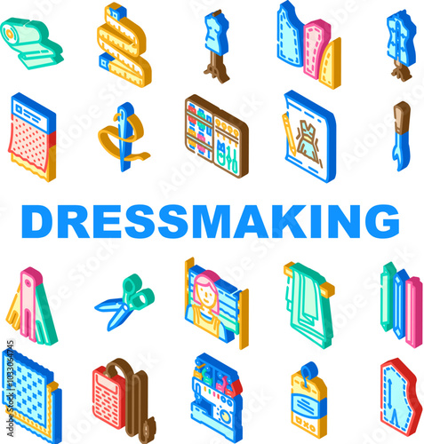 dressmaking fashion fabric sewing icons set vector. couture tailor, hemline silhouette, textile, embroidery draping, pleats, bodice dressmaking fashion fabric sewing isometric sign illustrations