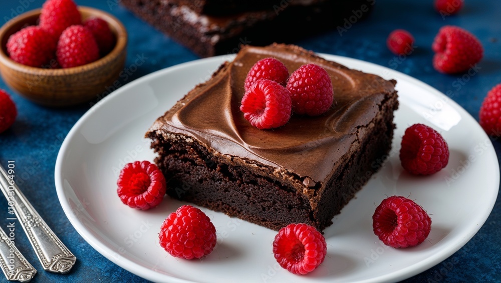 Red raspberries on a brownie with chocolate frosting and a simple background Red raspberries on a brownie with chocolate frosting and a simple background