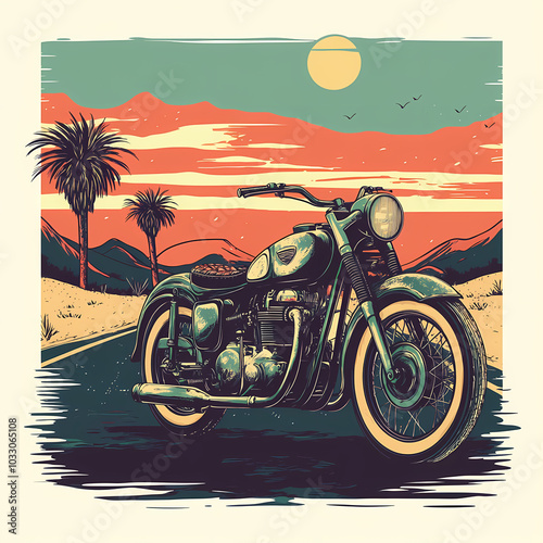 Vintage Motorcycle on Desert Highway T-Shirt Illustration