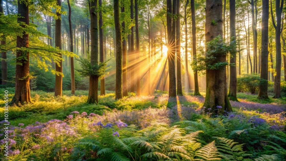 Obraz premium Golden Rays Illuminating a Tranquil Forest Floor, Where Lush Ferns Intertwine with Delicate Purple Blooms