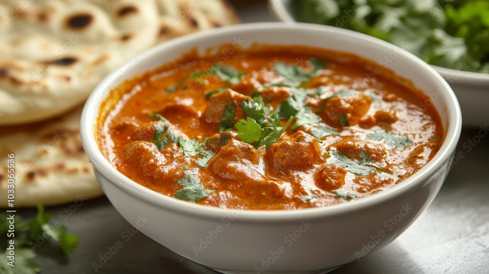 A spicy vegetarian curry, served with naan and garnished with fresh coriander, photographed with bright natural light A spicy vegetarian curry, served with naan and garnished with fresh coriander, photographed with bright natural light