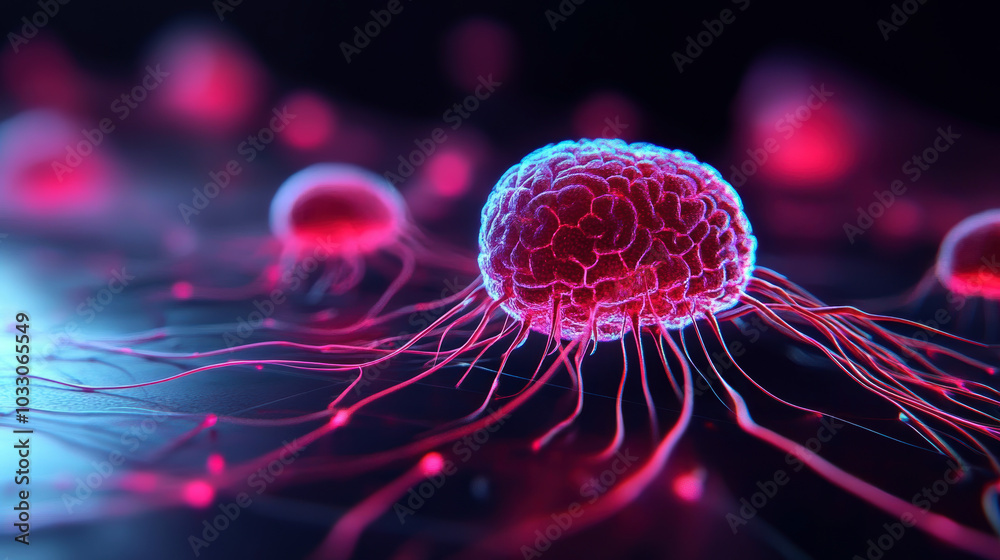 A luminous depiction of neural cells with glowing synapses forms an otherworldly view of microscopic life. A luminous depiction of neural cells with glowing synapses forms an otherworldly view of microscopic life.