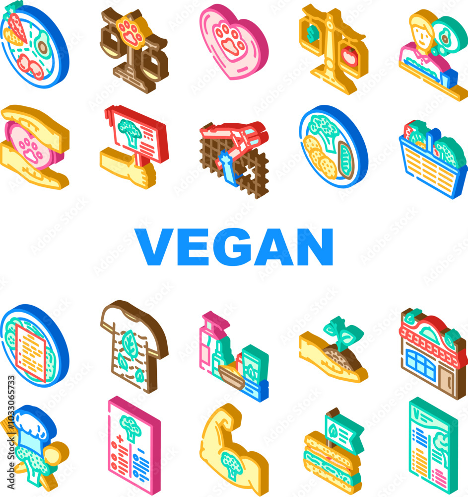 vegan plant based cruelty free icons set vector. ethical sustainable, organic nutrition, diet lifestyle, protein recipes, health vegan plant based cruelty free isometric sign illustrations vegan plant based cruelty free icons set vector. ethical sustainable, organic nutrition, diet lifestyle, protein recipes, health vegan plant based cruelty free isometric sign illustrations