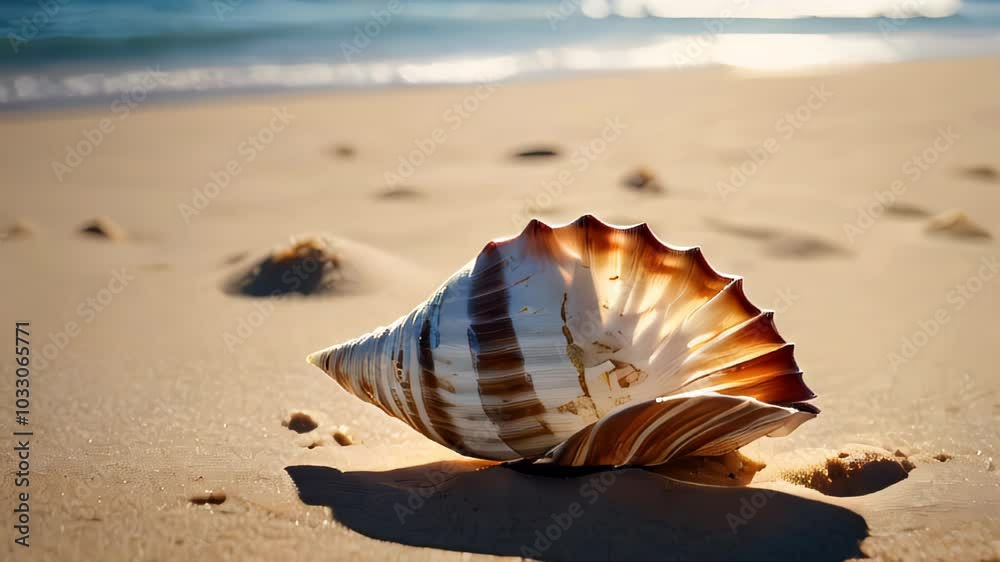 Discovering a Beautiful Shell on a Sunny Beach in the Early Morning Light Discovering a Beautiful Shell on a Sunny Beach in the Early Morning Light