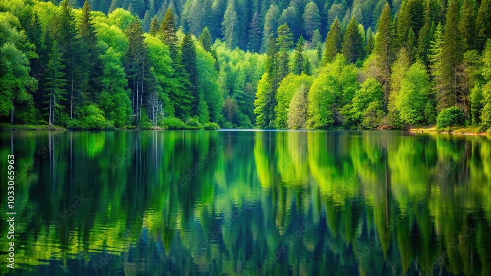 Macro shot of perfect lake reflection of lush green forest Macro shot of perfect lake reflection of lush green forest